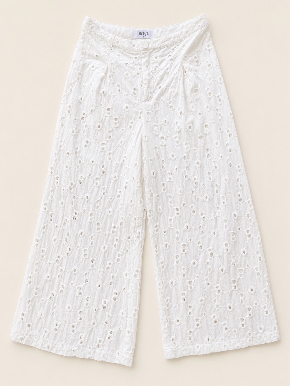 Wiya Ivory Floral Eyelet Wide Leg Cropped Pants